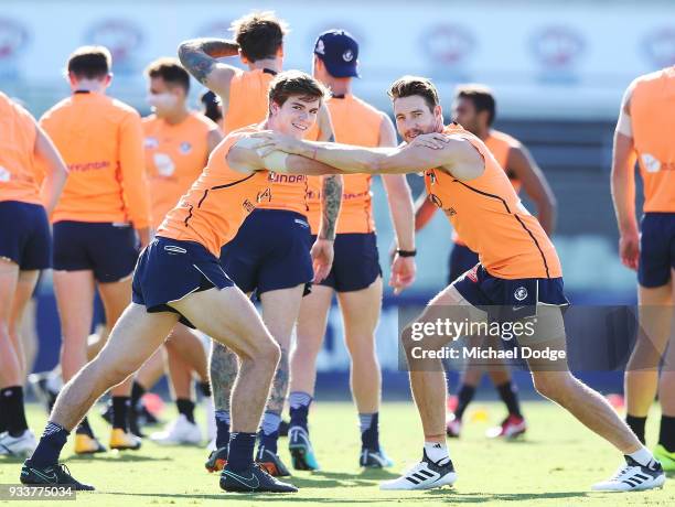 Paddy Dow of the Blues and Dale Thomas keep a watchful eye on the media during a Carlton Blues AFL training session at Ikon Park on March 19, 2018 in...