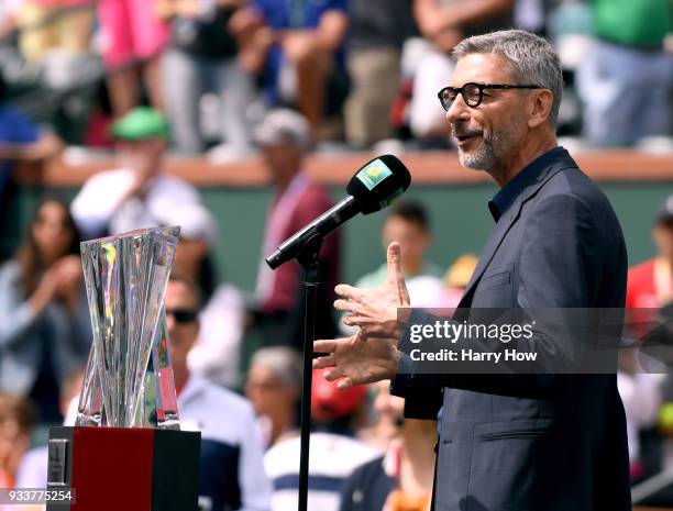 Jean-Yves Fillion speaks at the trophy presentation after the match between Daria Kasatkina of Russia and Naomi Osaka of Japan in the WTA final...