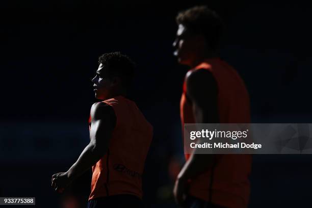 Brothers Charlie Curnow and Ed Curnow of the Blues look ahead during a Carlton Blues AFL training session at Ikon Park on March 19, 2018 in...