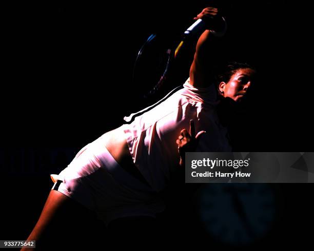 Daria Kasatkina of Russia serves in her loss to Naomi Osaka of Japan in the WTA final during the BNP Paribas Open at the Indian Wells Tennis Garden...