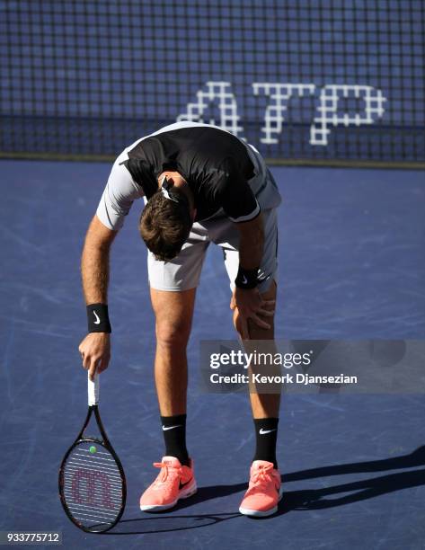 Juan Martin Del Potro of Argentina reacts after getting hit by volley from Roger Federer of Switzerland during the men's final on Day 14 of BNP...