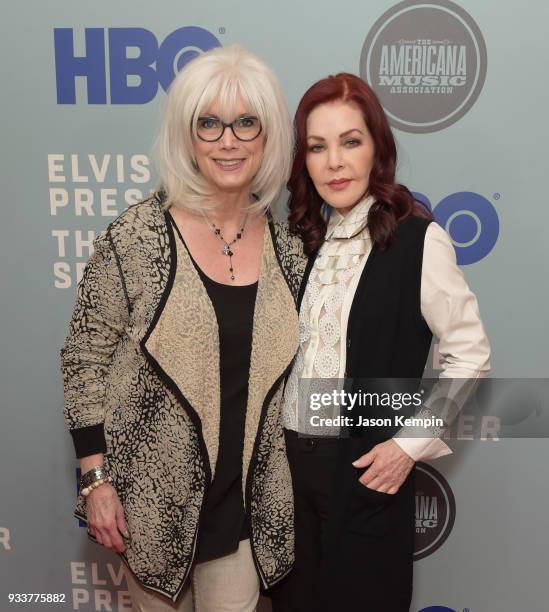 Emmylou Harris and Priscilla Presley attend the premiere of HBO's "Elvis Presley: The Searcher" at The Belcourt Theatre on March 18, 2018 in...