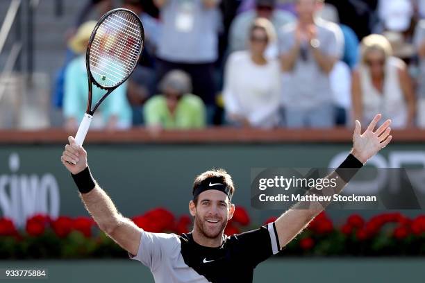 Juan Martin Del Potro of Argentina celebrates match point against Roger Federer of Switzerland during the men's final on Day 14 of the BNP Paribas...