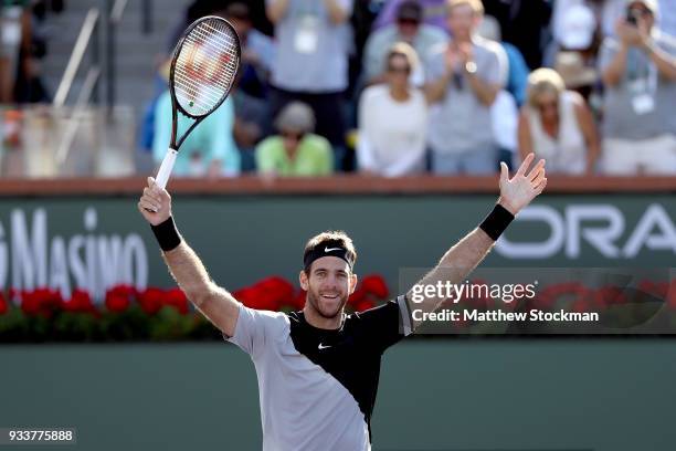 Juan Martin Del Potro of Argentina celebrates match point against Roger Federer of Switzerland during the men's final on Day 14 of the BNP Paribas...
