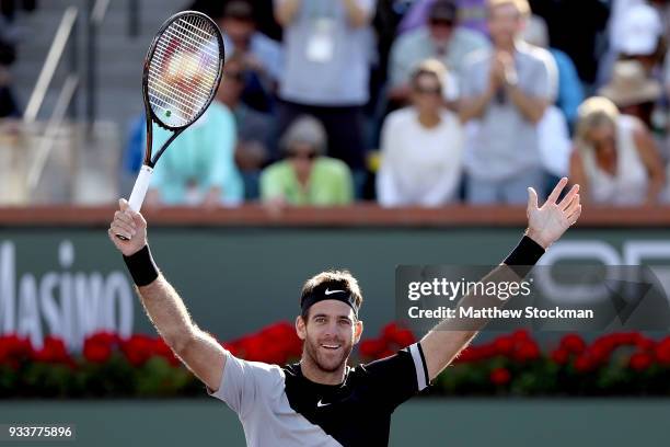 Juan Martin Del Potro of Argentina celebrates match point against Roger Federer of Switzerland during the men's final on Day 14 of the BNP Paribas...