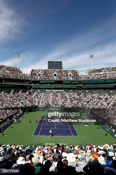 Roger Federer of Switzerland serves to Juan Martin Del Potro of Argentina after their match during the men's final on Day 14 of the BNP Paribas Open...