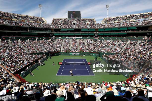 Roger Federer of Switzerland serves to Juan Martin Del Potro of Argentina after their match during the men's final on Day 14 of the BNP Paribas Open...