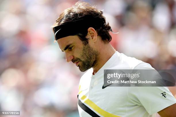 Roger Federer of Switzerland plays Juan Martin Del Potro of Argentina during the men's final on Day 14 of the BNP Paribas Open at the Indian Wells...