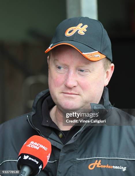 Trainer Wayne Hawkes talks to media after champion sprinter Chautauqua refused to jump again during Cranbourne Barrier Trials on March 19, 2018 in...