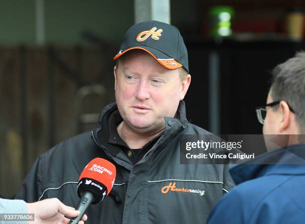 Trainer Wayne Hawkes talks to media after champion sprinter Chautauqua refused to jump again during Cranbourne Barrier Trials on March 19, 2018 in...