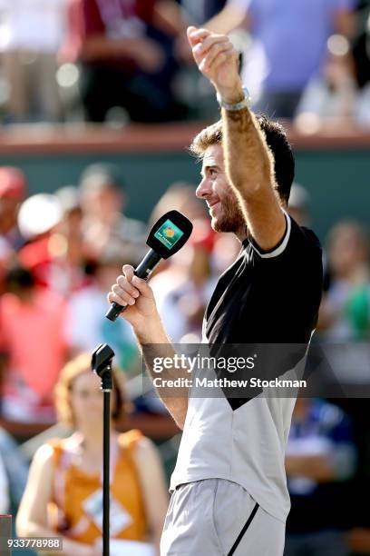 Juan Martin Del Potro of Argentina addreses the audiance at the trpophy ceremony after defeating Roger Federer of Switzerland during the men's final...