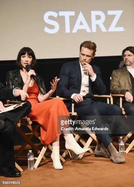 Actors Caitriona Balfe and Sam Heughan and executive producer Ronald D. Moore attend Starz's "Outlander" FYC Special Screening and Panel at the...