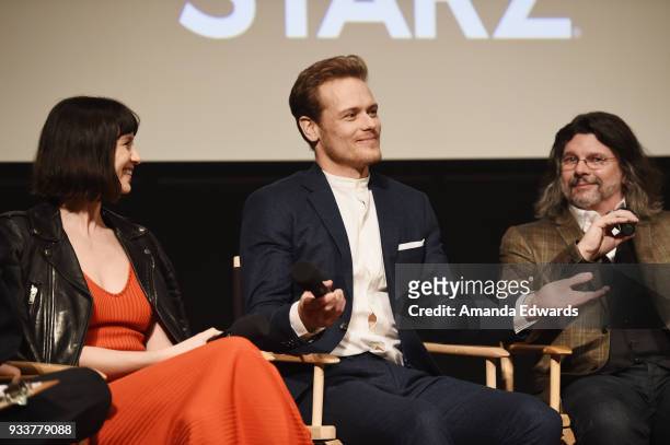 Actors Caitriona Balfe and Sam Heughan and executive producer Ronald D. Moore attend Starz's "Outlander" FYC Special Screening and Panel at the...