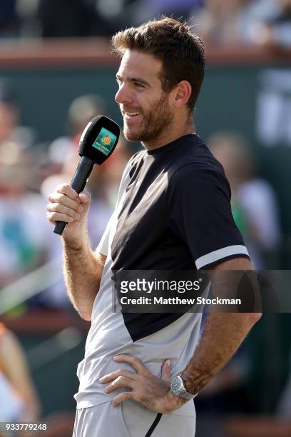 Juan Martin Del Potro of Argentina addreses the audiance at the trophy ceremony after defeating Roger Federer of Switzerland during the men's final...