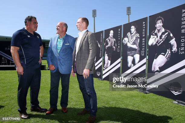 Mal Meninga, Wally Lewis and Darren Lockyer pose for the media during the Rugby League Hall of Fame and Immortals Announcement at Sydney Cricket...