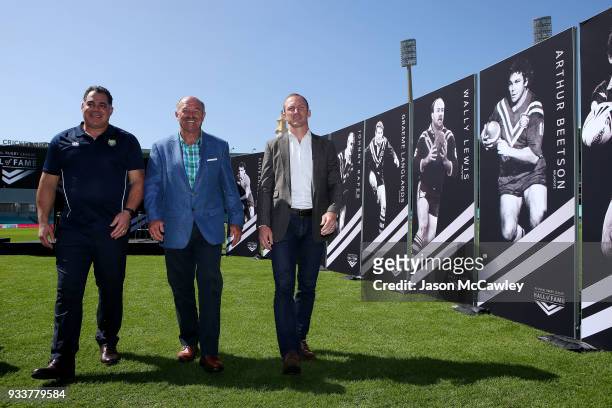 Mal Meninga, Wally Lewis and Darren Lockyer pose for the media during the Rugby League Hall of Fame and Immortals Announcement at Sydney Cricket...
