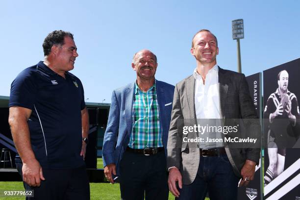 Mal Meninga, Wally Lewis and Darren Lockyer pose for the media during the Rugby League Hall of Fame and Immortals Announcement at Sydney Cricket...