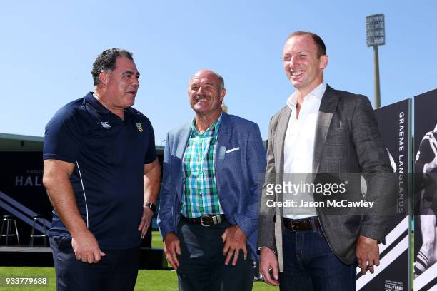 Mal Meninga, Wally Lewis and Darren Lockyer pose for the media during the Rugby League Hall of Fame and Immortals Announcement at Sydney Cricket...