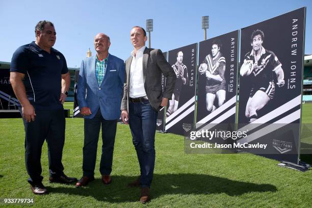 Mal Meninga, Wally Lewis and Darren Lockyer pose for the media during the Rugby League Hall of Fame and Immortals Announcement at Sydney Cricket...