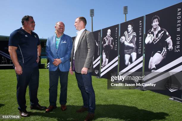 Mal Meninga, Wally Lewis and Darren Lockyer pose for the media during the Rugby League Hall of Fame and Immortals Announcement at Sydney Cricket...