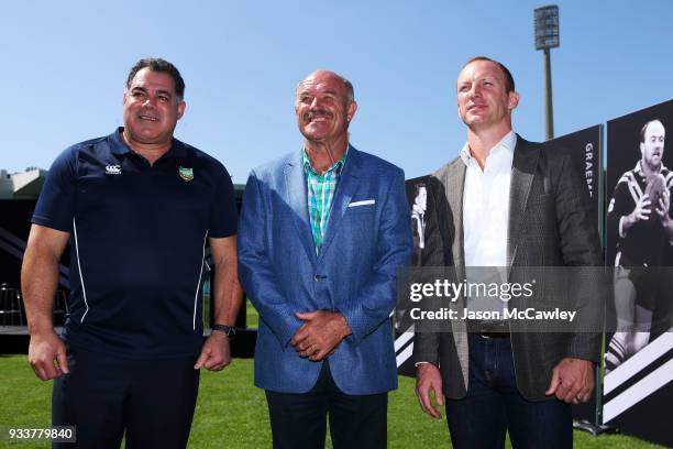 Mal Meninga, Wally Lewis and Darren Lockyer pose for the media during the Rugby League Hall of Fame and Immortals Announcement at Sydney Cricket...