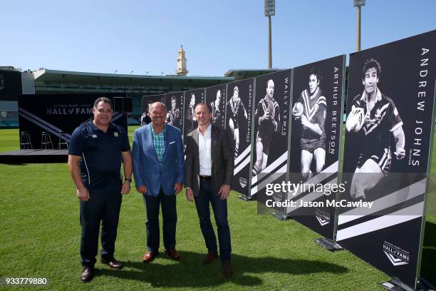 Mal Meninga, Wally Lewis and Darren Lockyer pose for the media during the Rugby League Hall of Fame and Immortals Announcement at Sydney Cricket...