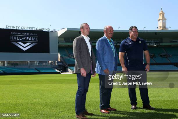 Darren Lockyer, Wally Lewis and Mal Meninga poses for the media during the Rugby League Hall of Fame and Immortals Announcement at Sydney Cricket...