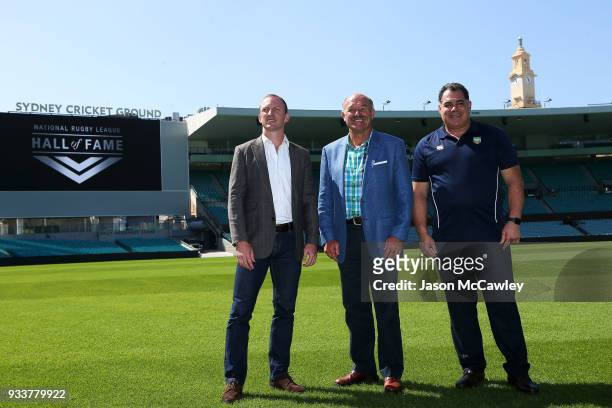 Darren Lockyer, Wally Lewis and Mal Meninga poses for the media during the Rugby League Hall of Fame and Immortals Announcement at Sydney Cricket...