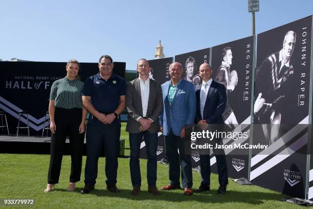 Yvonne Sampson, Mal Meninga, Darren Lockyer, Wally Lewis and NRL Chief Executive Todd Greenberg pose for the media during the Rugby League Hall of...