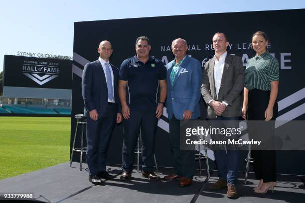 Chief Executive Todd Greenberg, Mal Meninga, Wally Lewis, Darren Lockyer and Yvonne Sampson pose for the media during the Rugby League Hall of Fame...