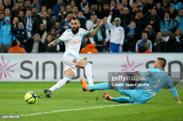 Konstantinos Kostas Mitroglou of OM, goalkeeper of Lyon Anthony Lopes during the French Ligue 1 match between Olympique de Marseille OM and Olympique...