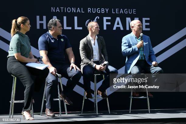 Yvonne Sampson, Mal Meninga, Darren Lockyer and Wally Lewis during the Rugby League Hall of Fame and Immortals Announcement at Sydney Cricket Ground...