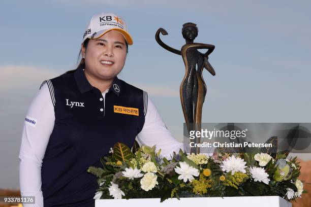Inbee Park of South Korea poses with the trophy after winning the Bank Of Hope Founders Cup at Wildfire Golf Club on March 18, 2018 in Phoenix,...