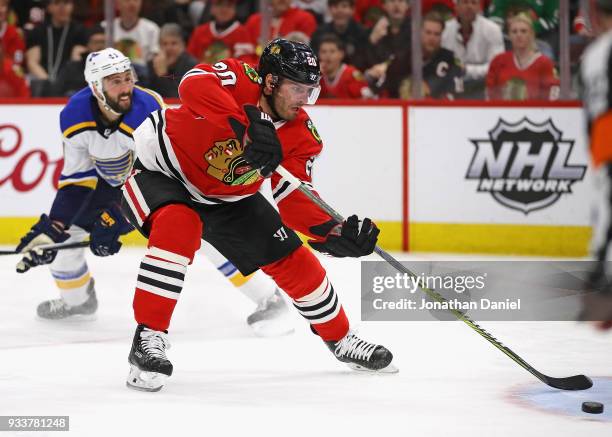 Brandon Saad of the Chicago Blackhawks shoots against the St. Louis Blues at the United Center on March 18, 2018 in Chicago, Illinois.