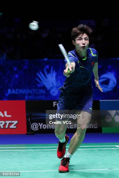 Shi Yuqi of China reacts during the Men's singles final match against Lin Dan of China on day five of the YONEX All England Open 2018 Badminton...