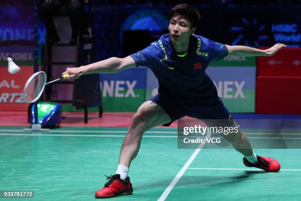 Shi Yuqi of China reacts during the Men's singles final match against Lin Dan of China on day five of the YONEX All England Open 2018 Badminton...