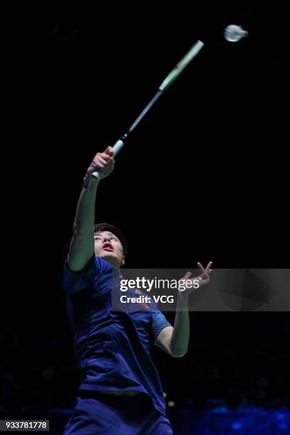 Shi Yuqi of China reacts during the Men's singles final match against Lin Dan of China on day five of the YONEX All England Open 2018 Badminton...