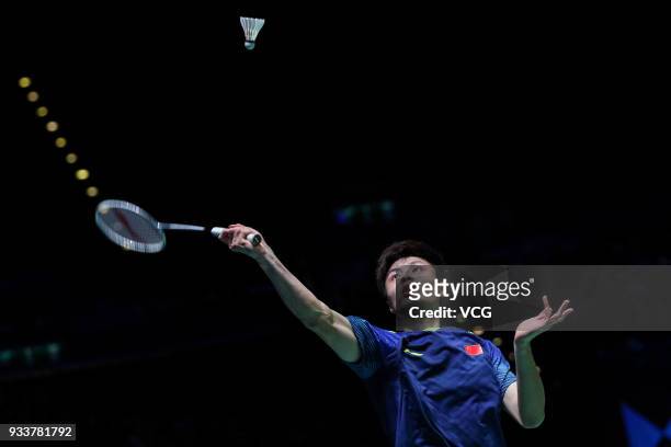 Shi Yuqi of China reacts during the Men's singles final match against Lin Dan of China on day five of the YONEX All England Open 2018 Badminton...