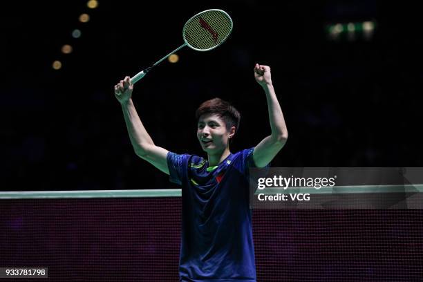 Shi Yuqi of China celebrates during the Men's singles final match against Lin Dan of China on day five of the YONEX All England Open 2018 Badminton...