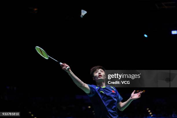 Shi Yuqi of China reacts during the Men's singles final match against Lin Dan of China on day five of the YONEX All England Open 2018 Badminton...