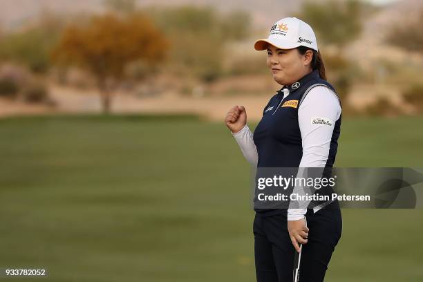 Inbee Park of South Korea celebrates on the 18th green after winning the Bank Of Hope Founders Cup at Wildfire Golf Club on March 18, 2018 in...