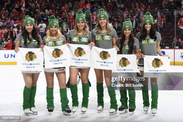 The Chicago Blackhawks ice-crew poses for a photo during the game between the Chicago Blackhawks and the St. Louis Blues at the United Center on...