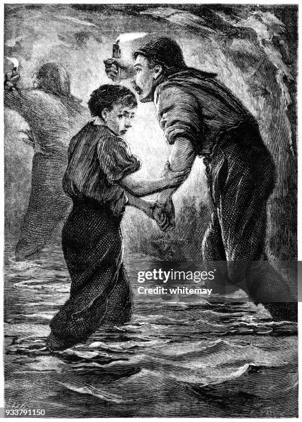 men and a boy trapped in a flooded coal mine - mining accident stock illustrations