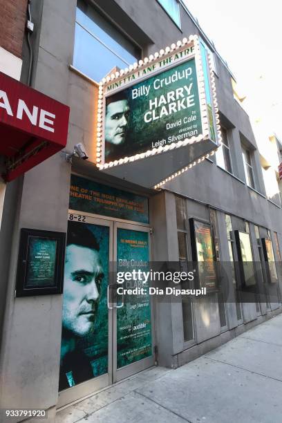 An exterior view of the Minetta Lane Theatre advertising the play "Harry Clarke" on March 18, 2018 in New York City.