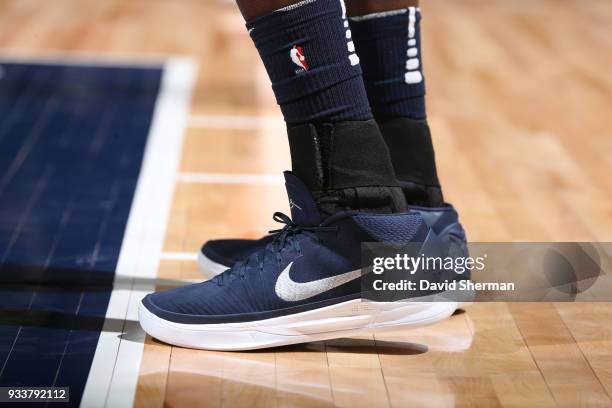 The sneakers of Gorgui Dieng of the Minnesota Timberwolves as seen during the game against the Houston Rockets on March 18, 2018 at Target Center in...