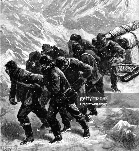 team of men pulling a sledge through ice and snow - arctic explorer stock illustrations