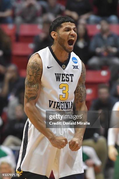 James Bolden of the West Virginia Mountaineers reacts against the Marshall Thundering Herd in the first half during the second round of the 2018 NCAA...