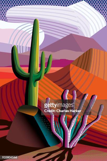 desert, saguaro cactus, mountains in distance landscape illustration - charles harker stockfoto's en -beelden