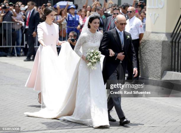 Alessandra de Osma arrives with father Felipe de Osma to her wedding with Prince Christian of Hanover at Basilica San Pedro on March 16, 2018 in...