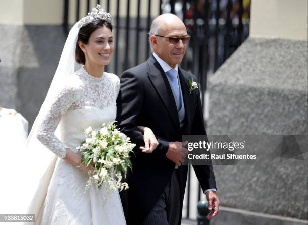 Alessandra de Osma arrives with father Felipe de Osma to her wedding with Prince Christian of Hanover at Basilica San Pedro on March 16, 2018 in...